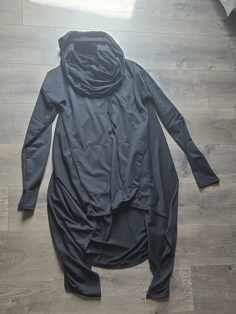 Black Draped Long-Sleeve Women’s Hoodie Dress with Cowl Neck